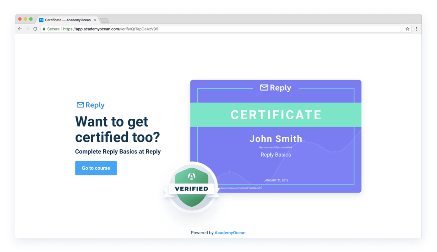 Reply Academy certificate verification page