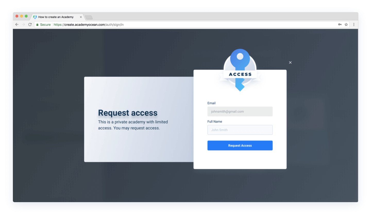 Access request page in a private Academy