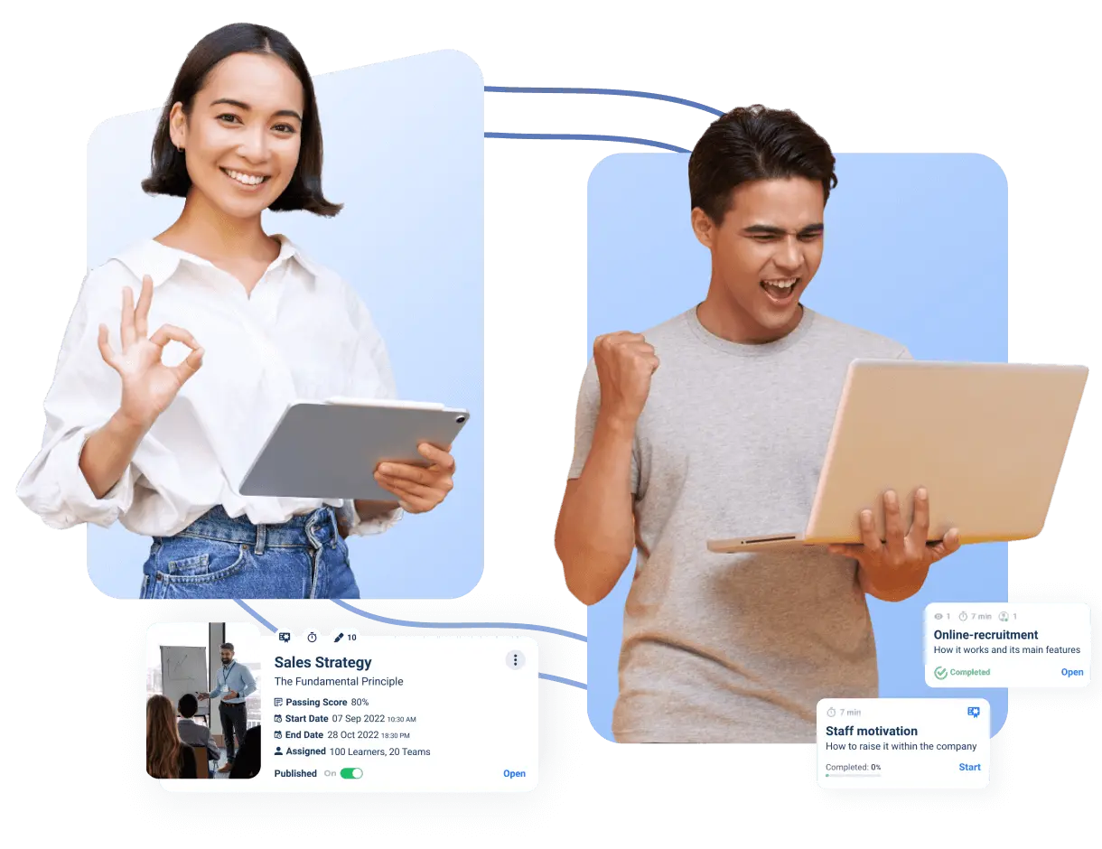 A man and a woman learning on the LMS administration platform
