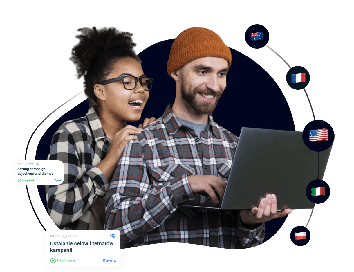 A man and a woman using Multilingual LMS