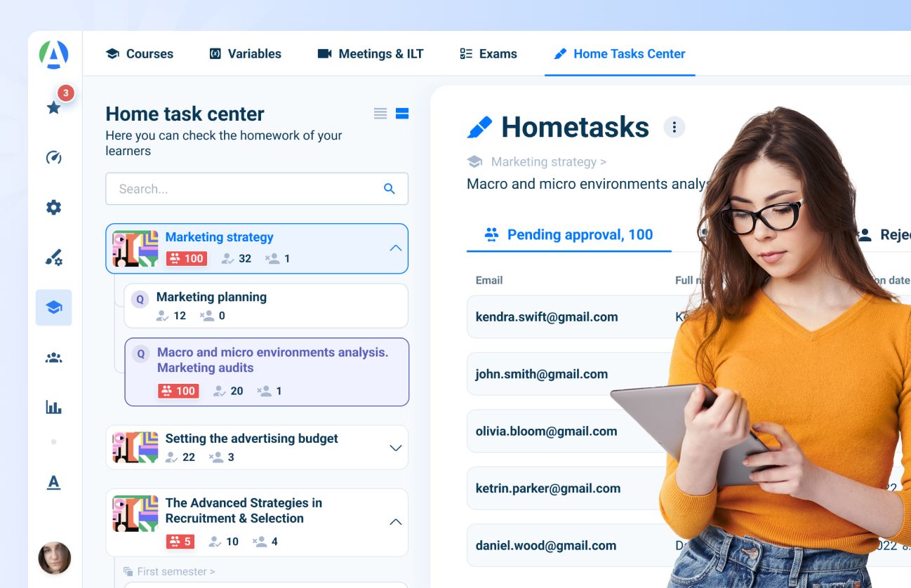 Monitor employee and candidate training progress with detailed analytics.