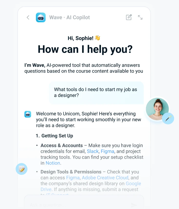 Platform LMS with Wave AI Copilot for 24/7 employee support, online learning LMS with smart chatbot and personal assistant for learning systems