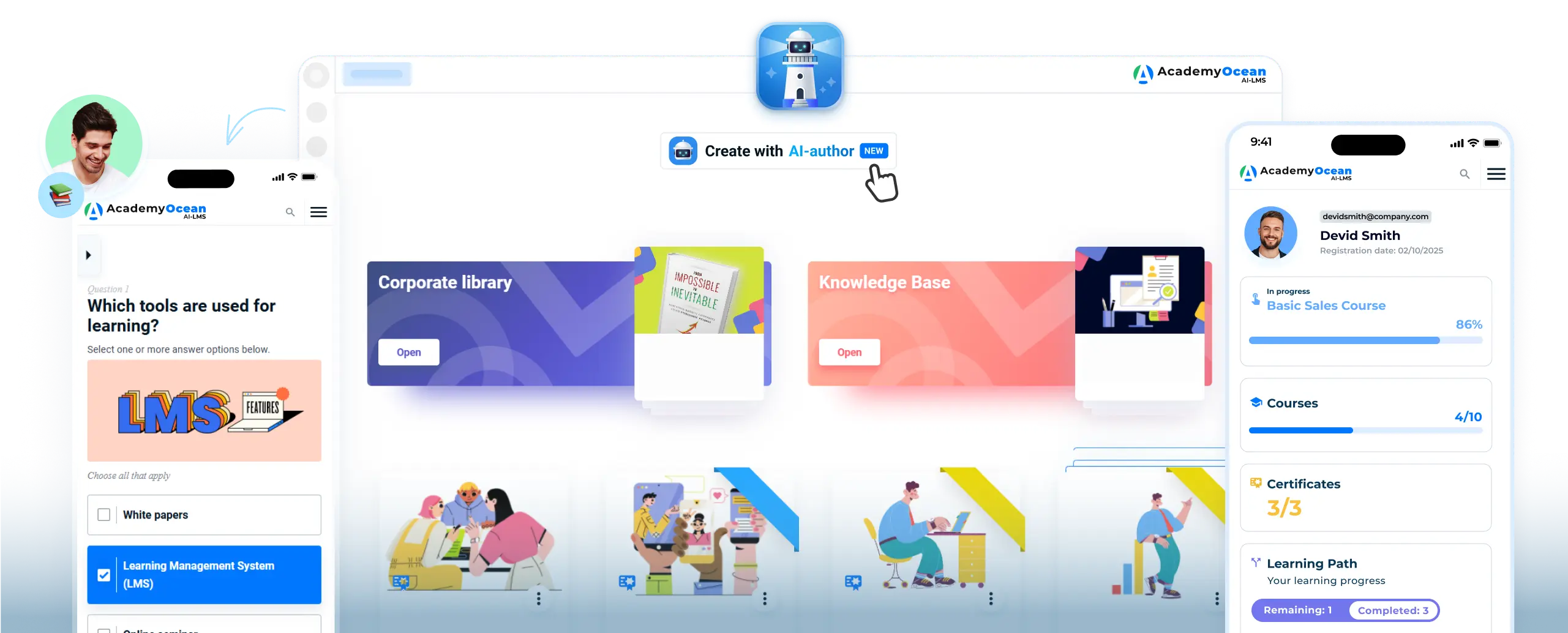 Mobile-responsive LMS system with corporate knowledge library, learning management systems for distance learning with AI assistant and platform LMS interface