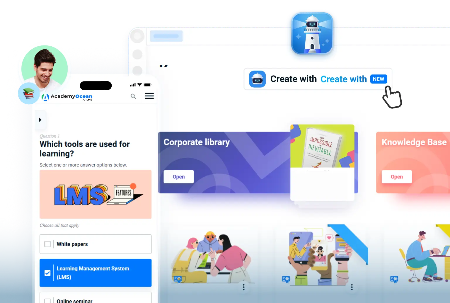Mobile-responsive LMS system with corporate knowledge library, learning management systems for distance learning with AI assistant and platform LMS interface