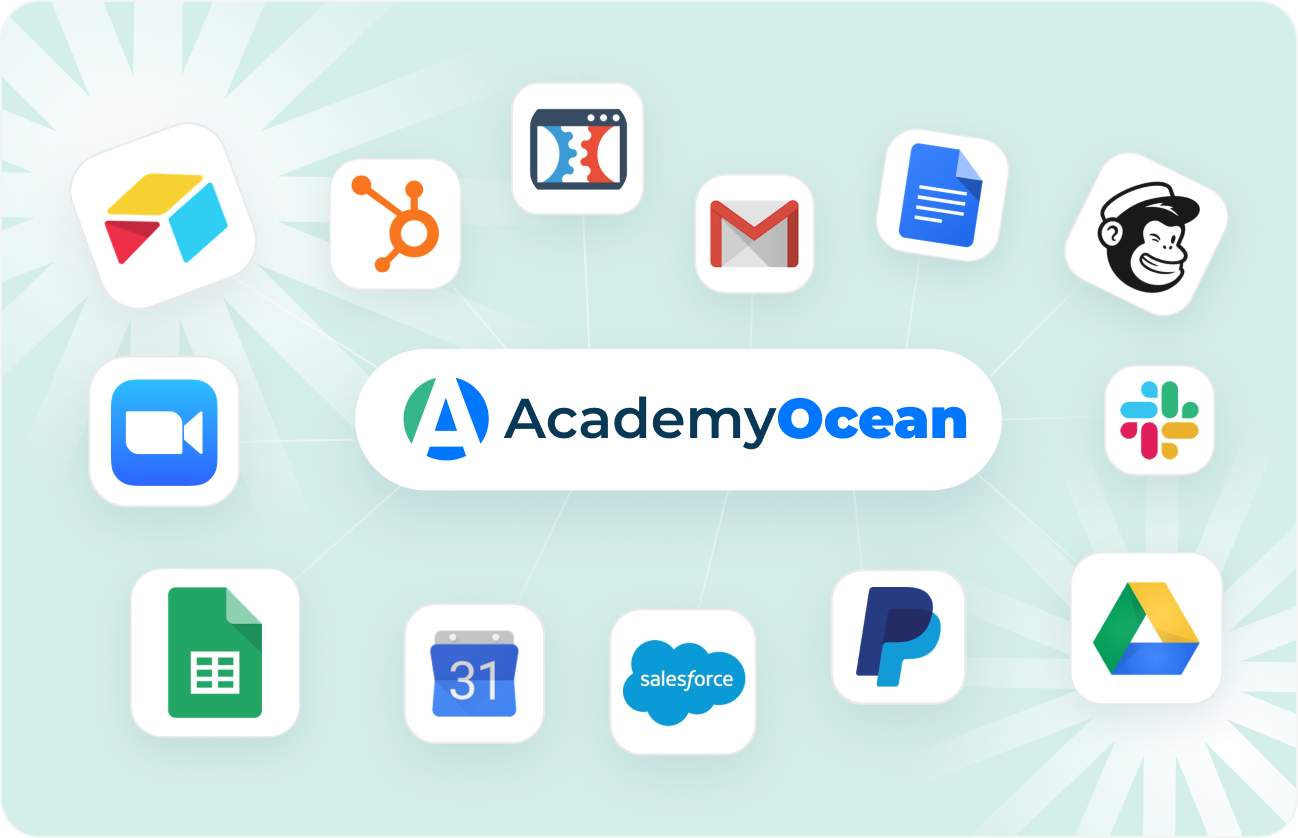 AcademyOcean LMS integrations for small business tools including Google, Slack, Salesforce, and Zoom