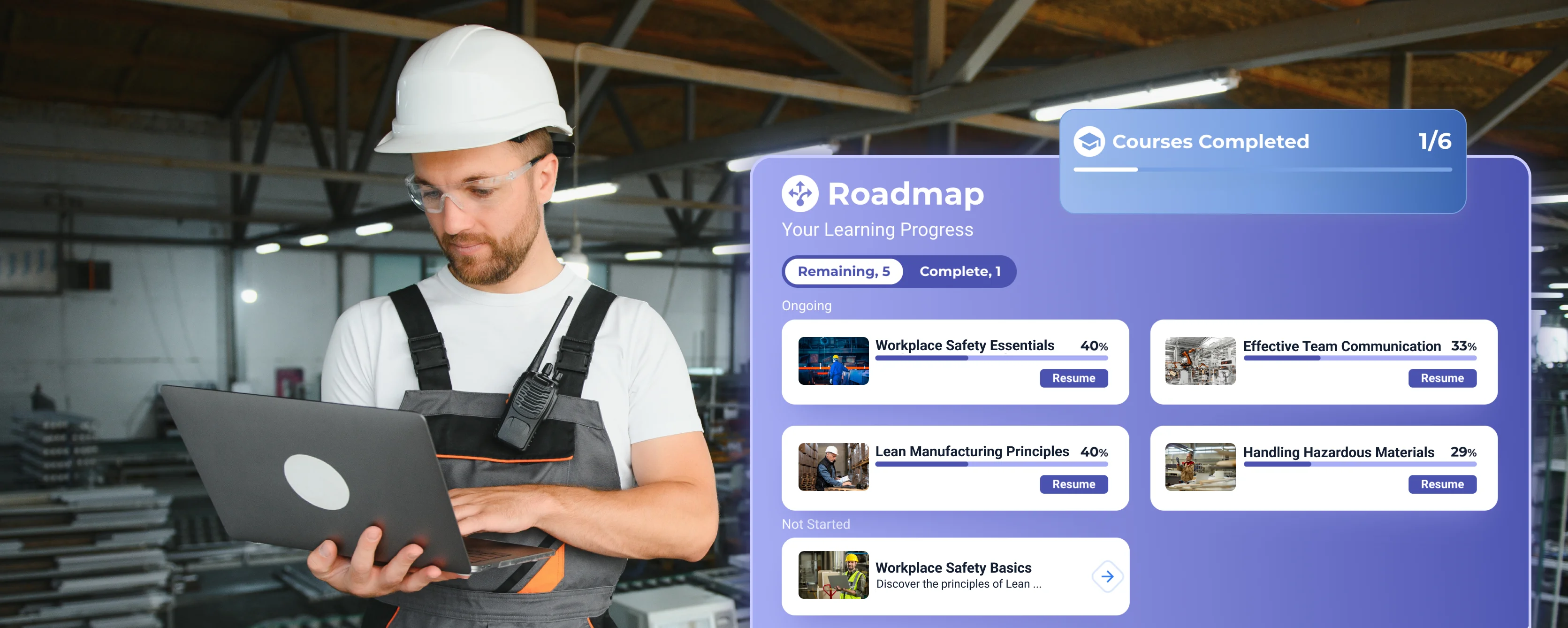A worker using a laptop to view their personalized learning roadmap, showing progress and upcoming training modules