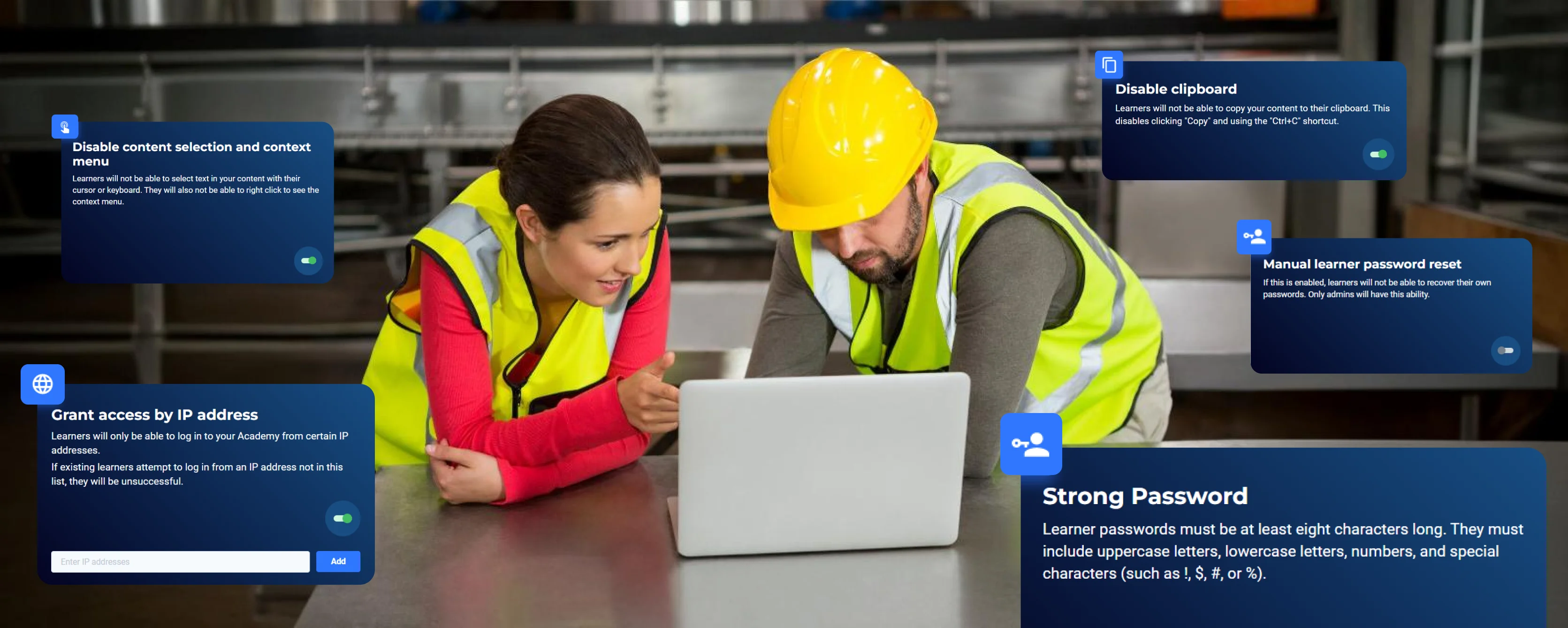 Two workers collaborating on a laptop, reviewing various compliance and safety features within the LMS for manufacturing