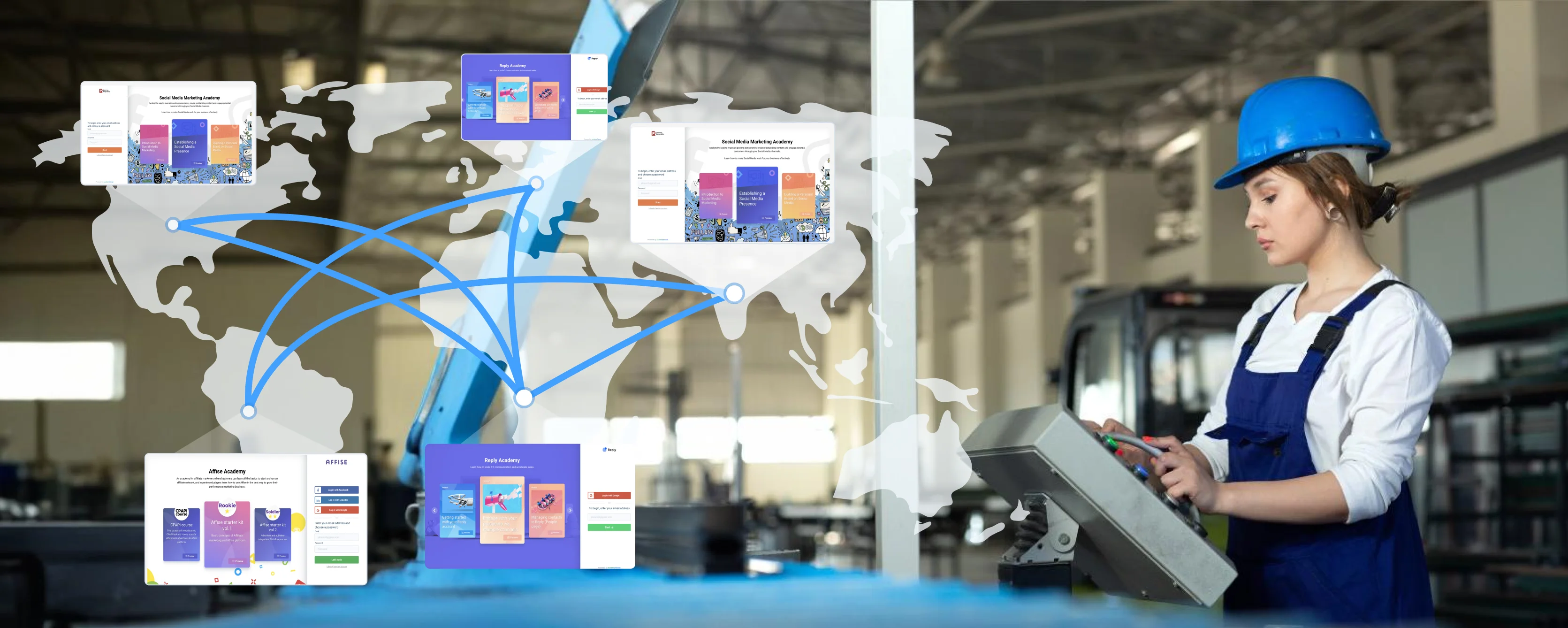 A worker standing next to industrial equipment, demonstrating how the manufacturing LMS ensures consistent training across multiple locations