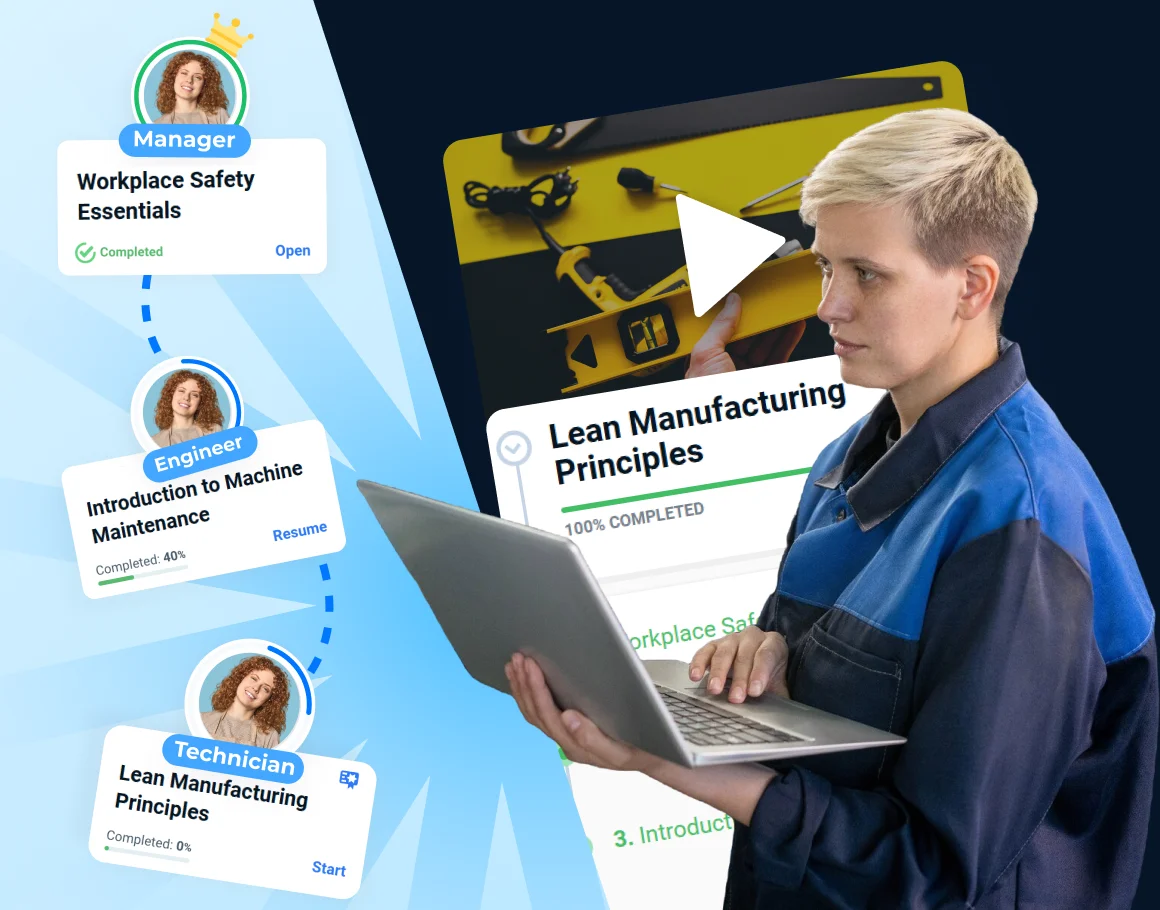 A person on a laptop using industrial & manufacturing LMS reviewing personalized, intelligent learning paths designed to optimize their training experience