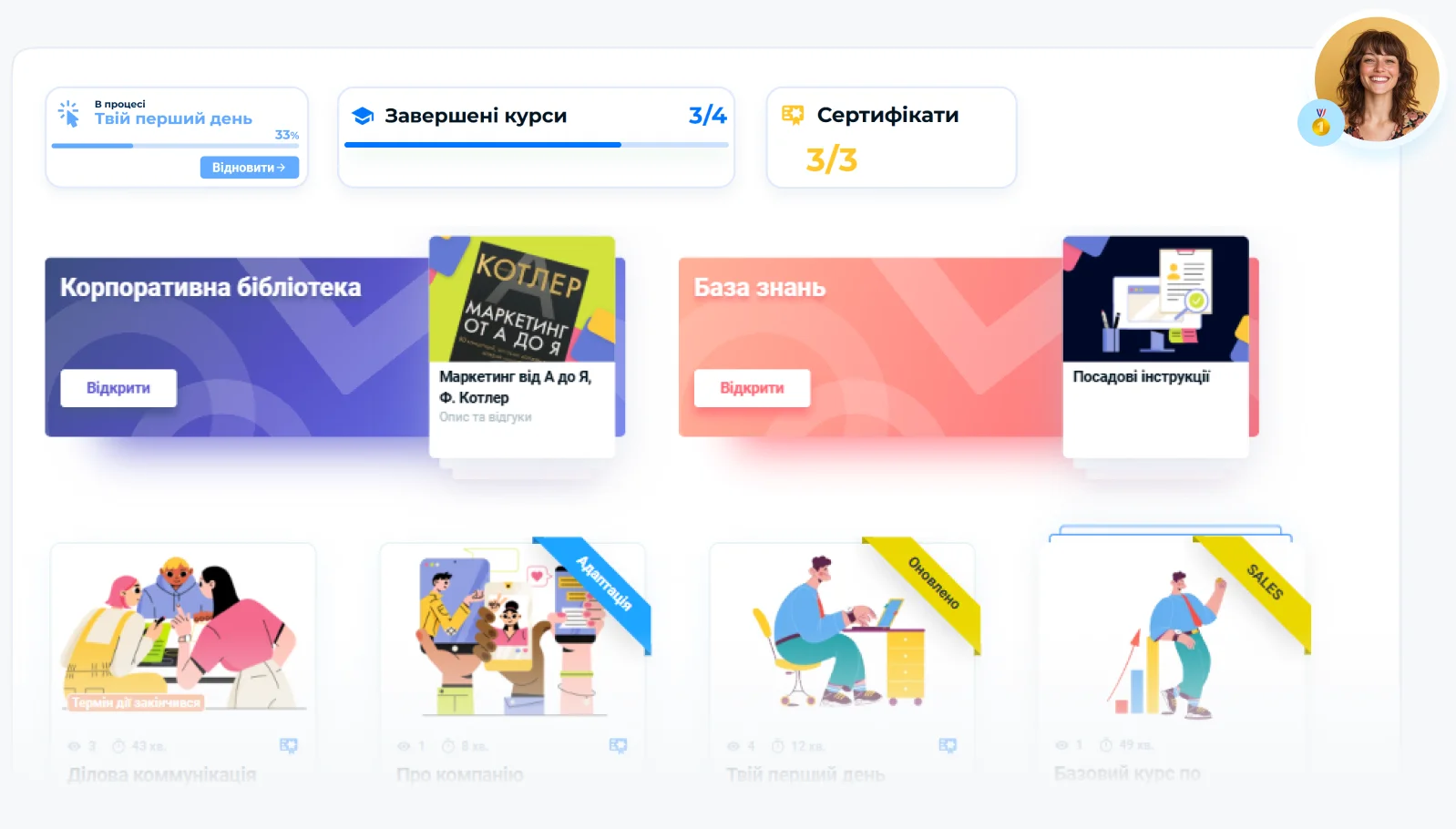 Платформа для навчання співробітників з системою управління навчанням, що містить базу знань компанії та AI-функціонал