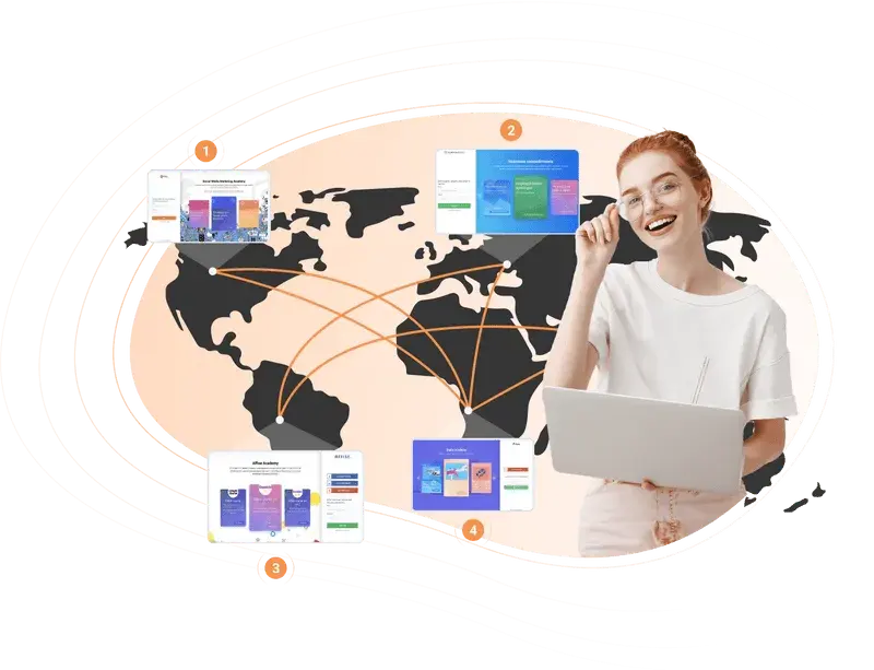 A woman with a laptop with a world map and courses adapted for different countries in the background