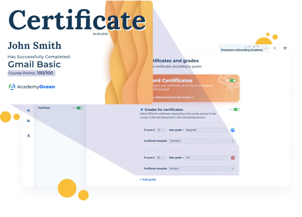 Certificates with grades at AcademyOcean LMS
