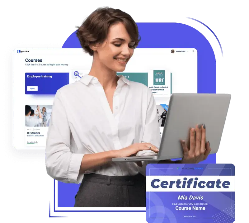 A woman with a laptop looking at courses and certificates