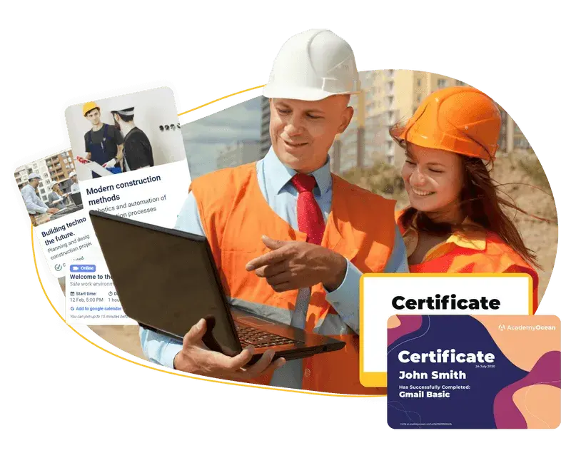 Construction workers looking at learning courses and certificates on the platform
