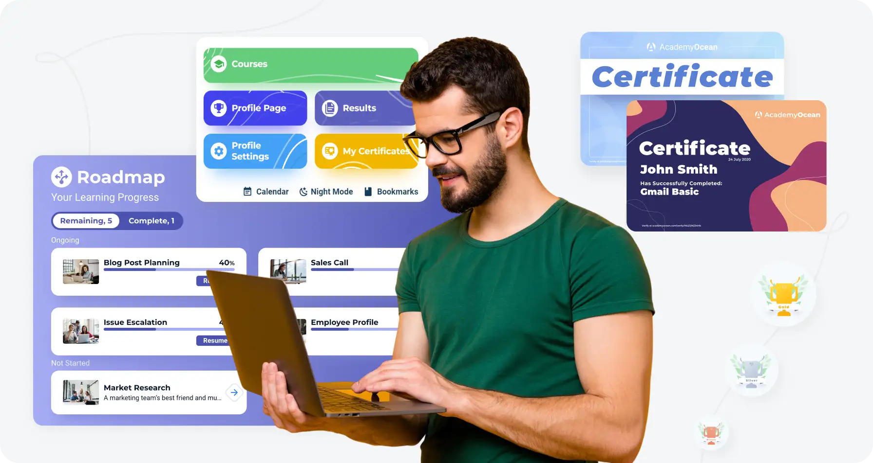 Customizable frontline employee training interface with learning paths and certificates