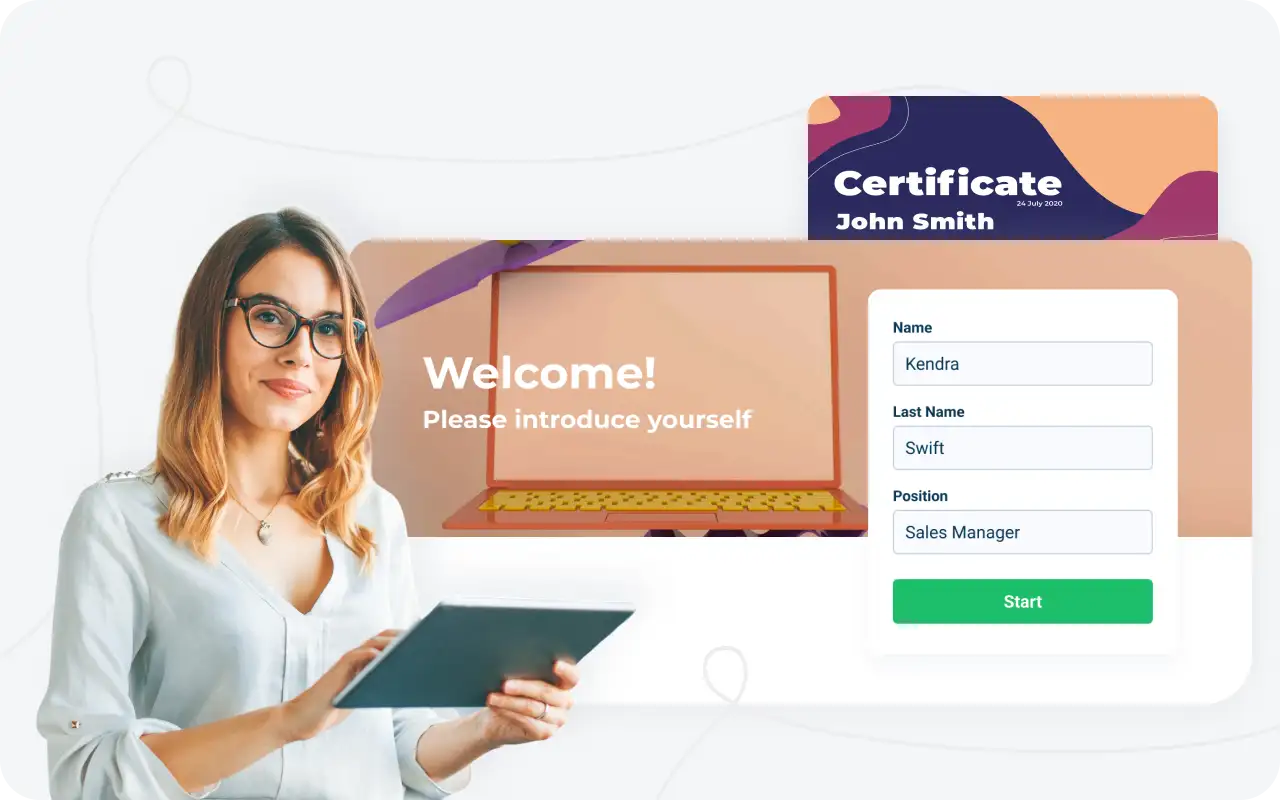 Customizable frontline training interface with personalized welcome screen and certification