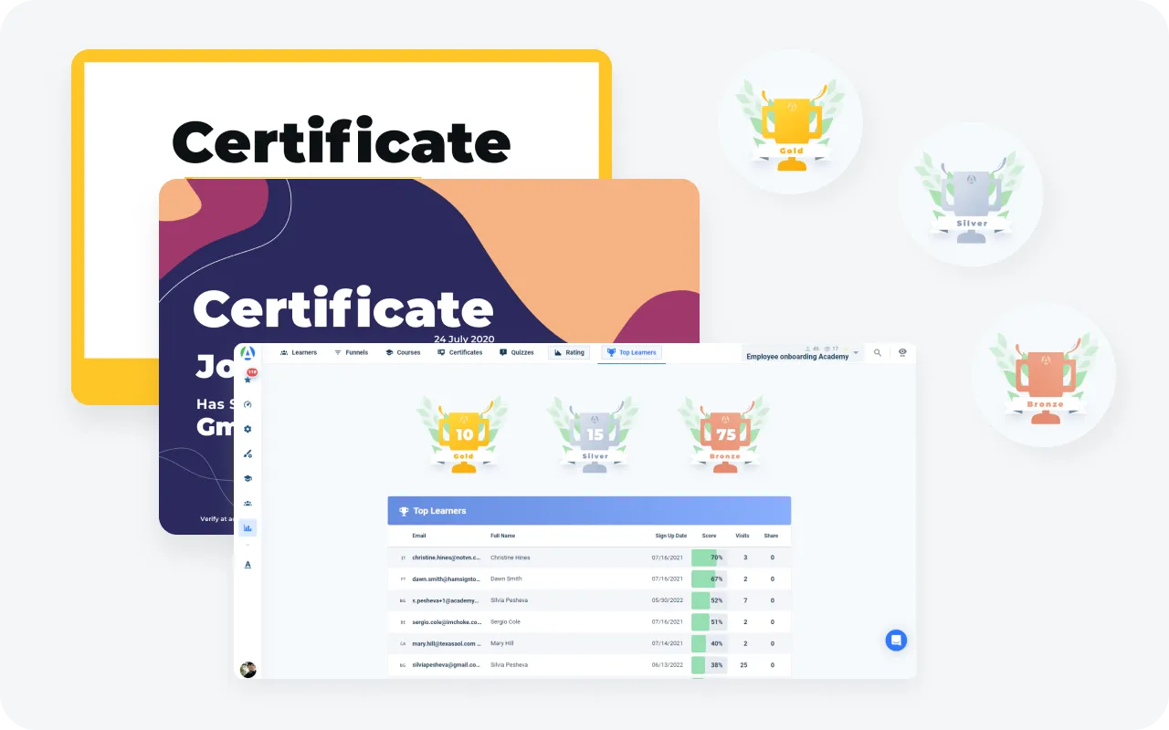 Certificates and leaderboard examples at AcademyOcean LMS