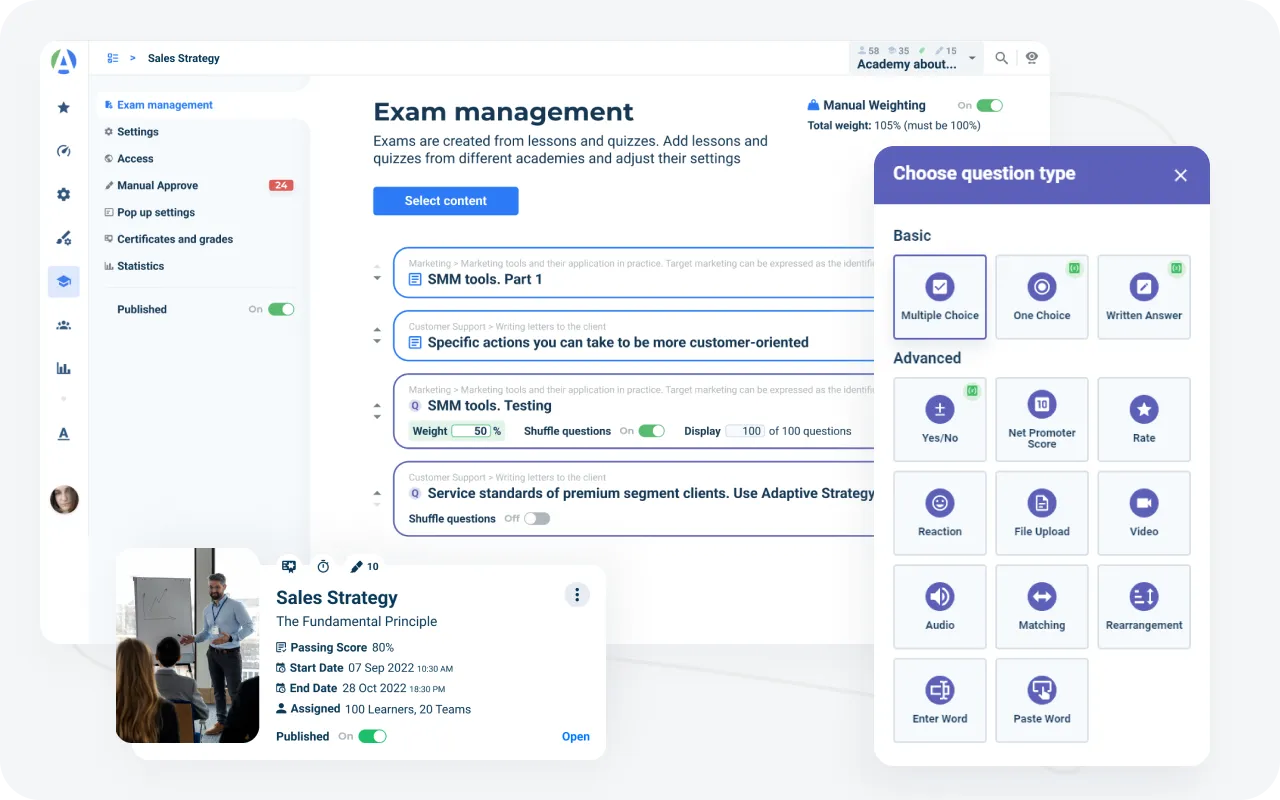 Control your employees via built-in microlearning LMS quizzes and exams features