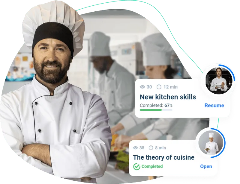 Chef cook with learning courses on the screen