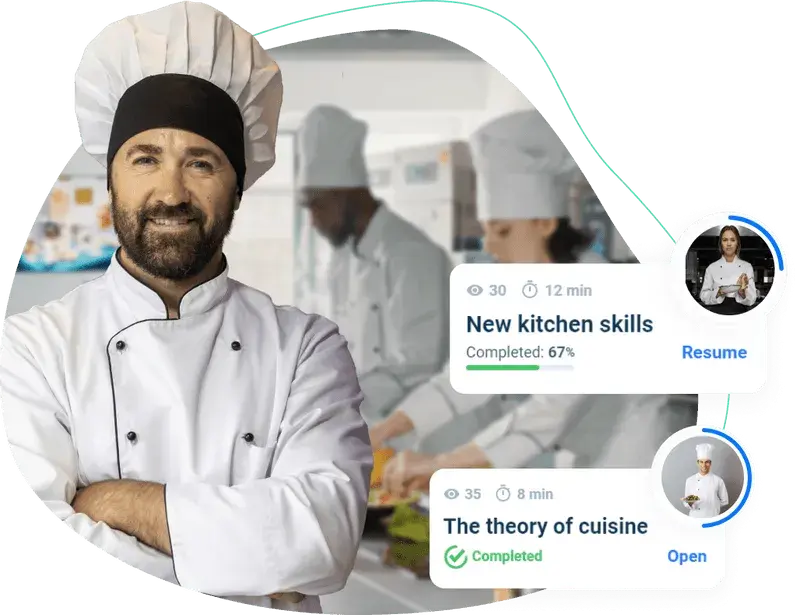 Chef cook with learning courses on the screen